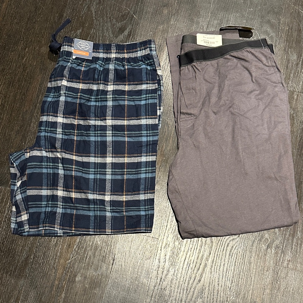 Mens pajama bundle Navy and Gray Plaid Lounge shorts and grey long pants.